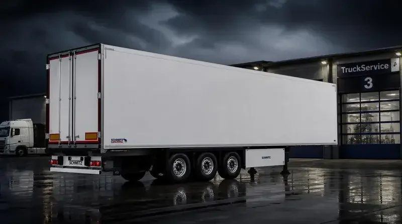 A complete semi-trailer ready for repair in front of the Autoservis MH workshop
