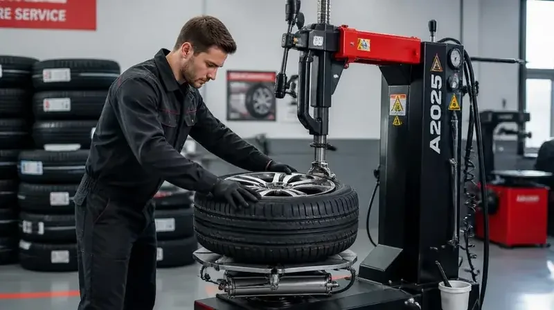 Tyre being fitted on a tyre changing machine at the Autoservis MH tyre service