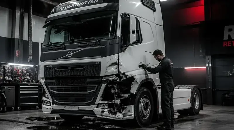 European tractor unit with a damaged cab being repaired after an accident at Autoservis MH
