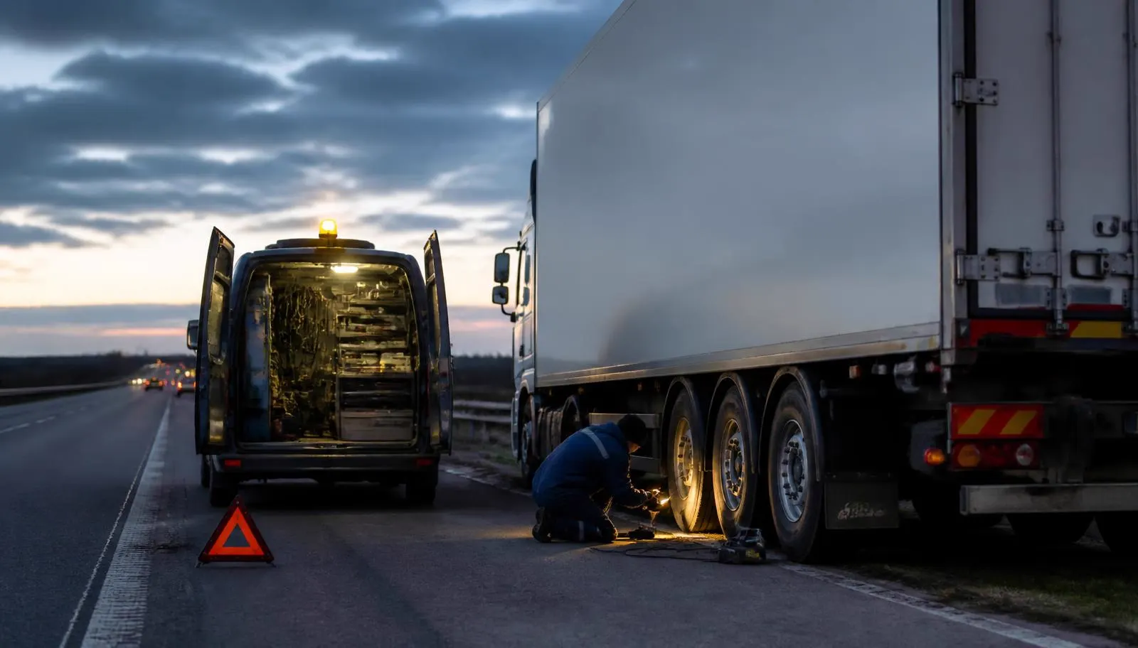 Mobilní servis Autoservis MH u porouchaného návěsu na krajnici dálnice